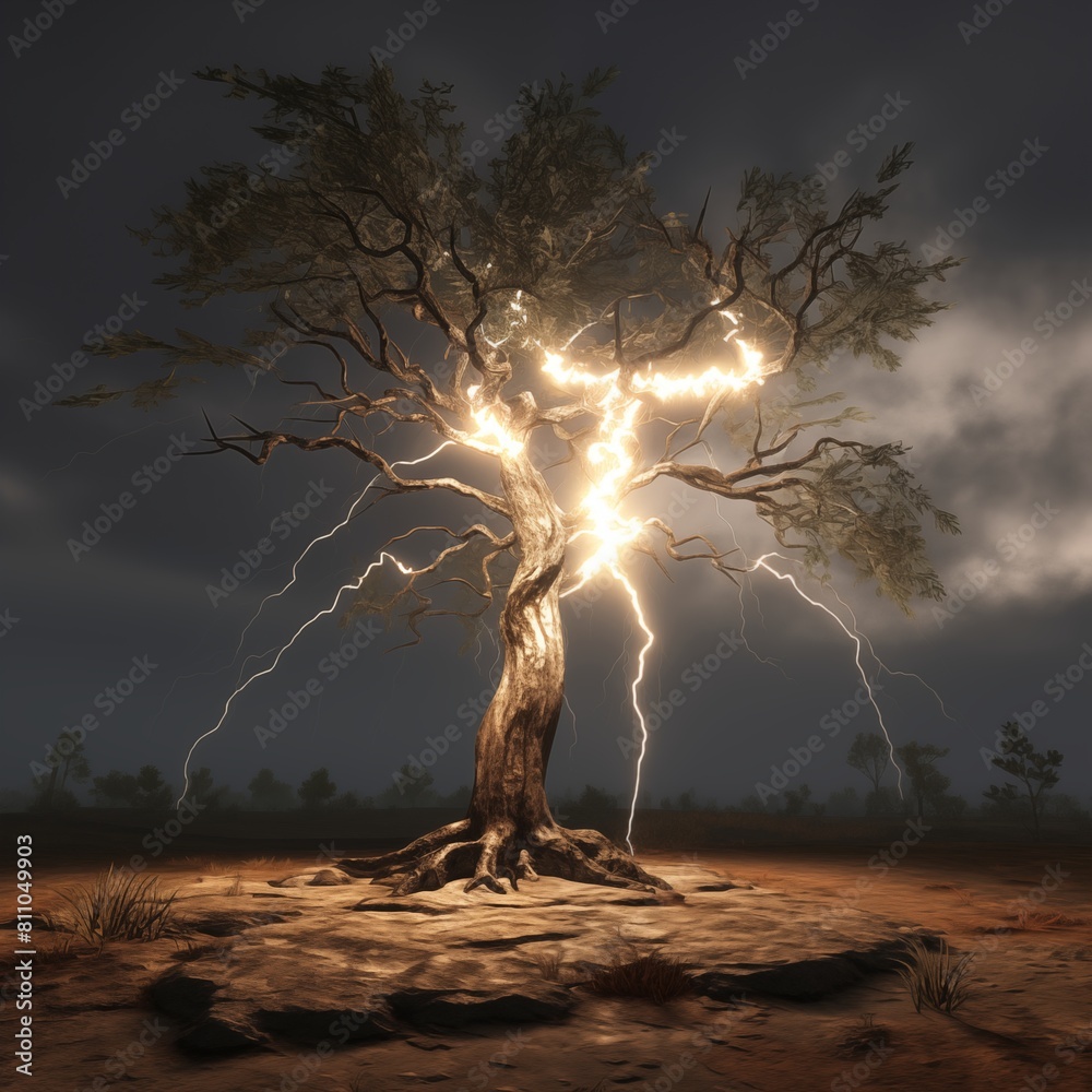 Fototapeta premium Dramatic Scene of a Tree Struck by Lightning in a Dark Nighttime Setting