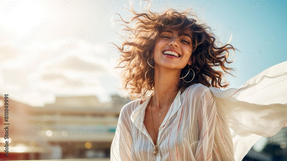 Happy Woman Enjoying Sunlight Outdoors