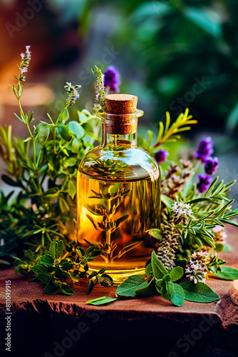 Glass bottle with Provencal herbs oil and Provencal herbs on a wooden table on the natural background.