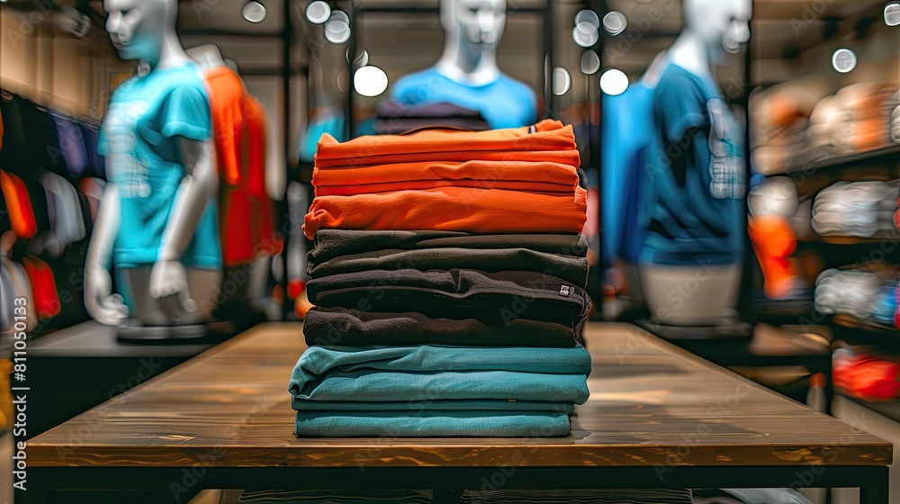 a modern fashion store display, featuring an empty table adorned with stacked colored t-shirts and mannequins dressed in colorful polos, against a backdrop of white ceilings and wooden flooring.