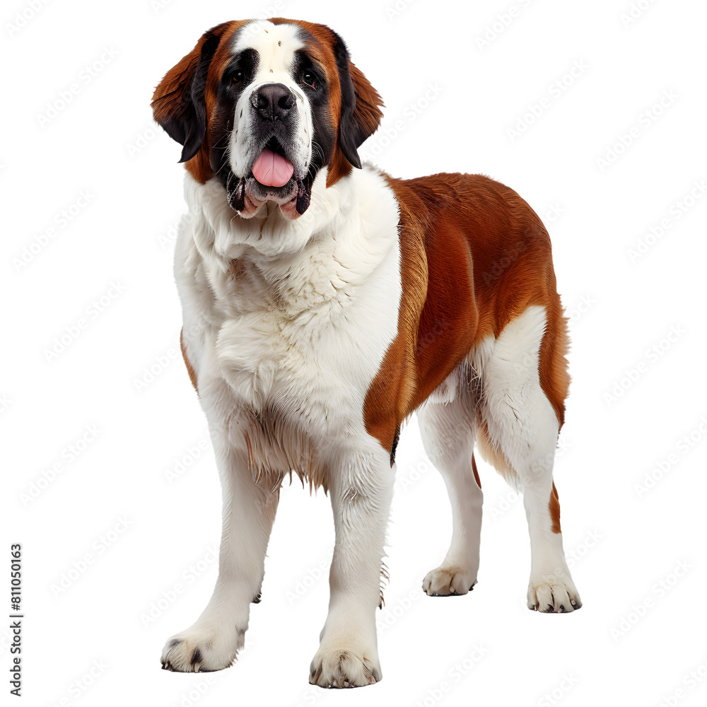 A Saint Bernard, known for its gentle nature and massive size, with a dense red and white coat, on a transparent background