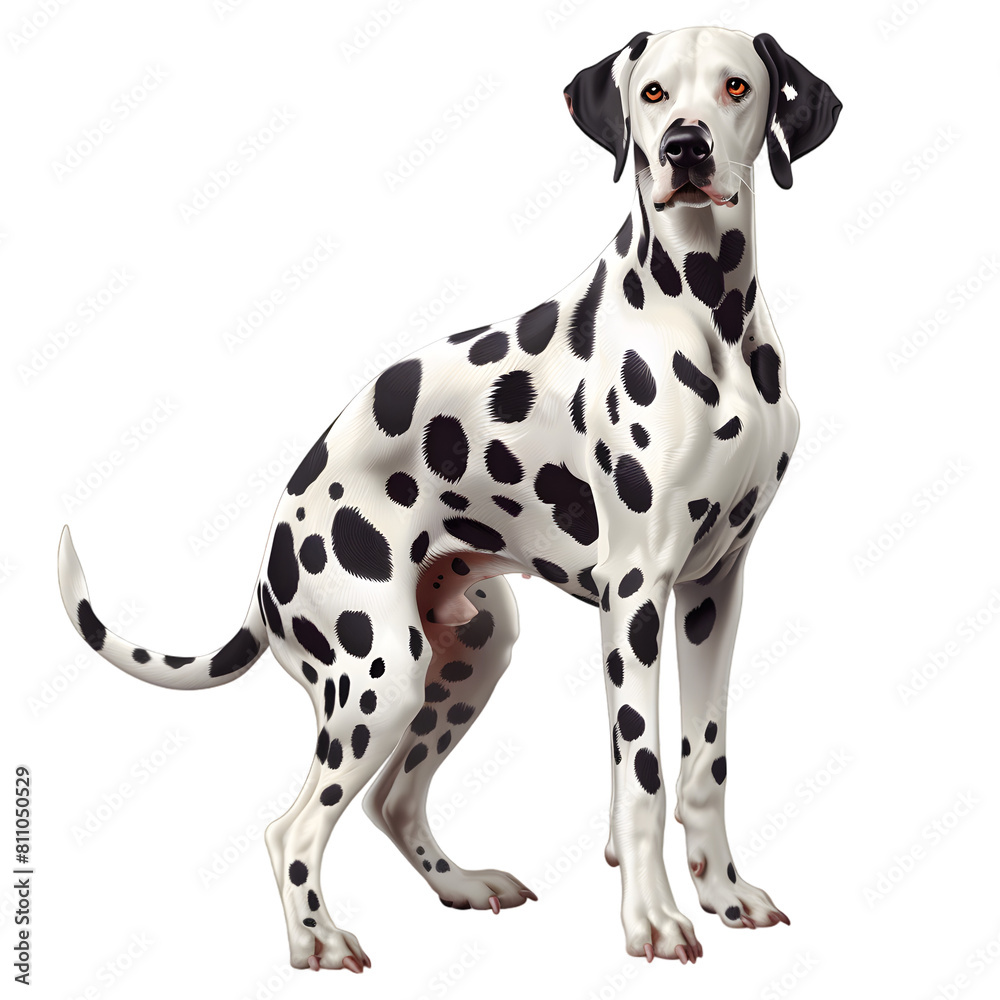 A Dalmatian, iconic for its black and white spotted coat, alert and active, on a transparent background