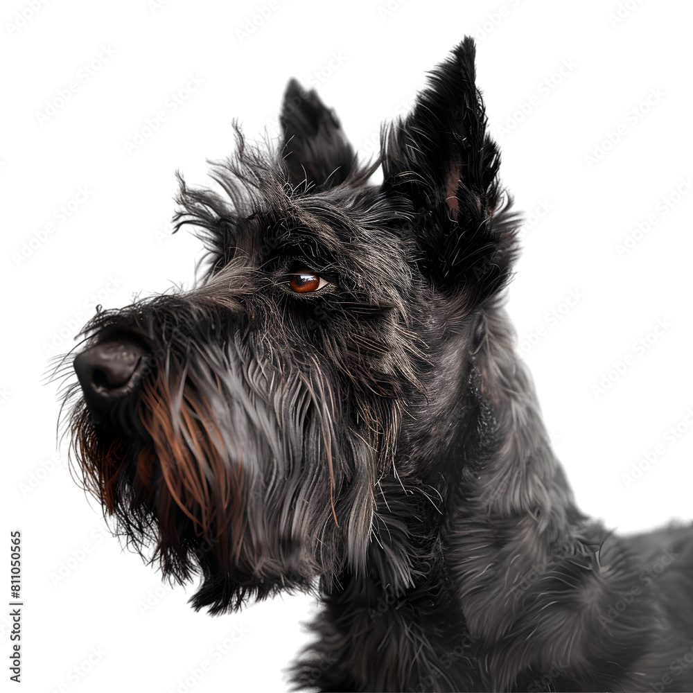 A Scottish Terrier, with a distinctive beard and wiry coat, robust and dignified, on a transparent background