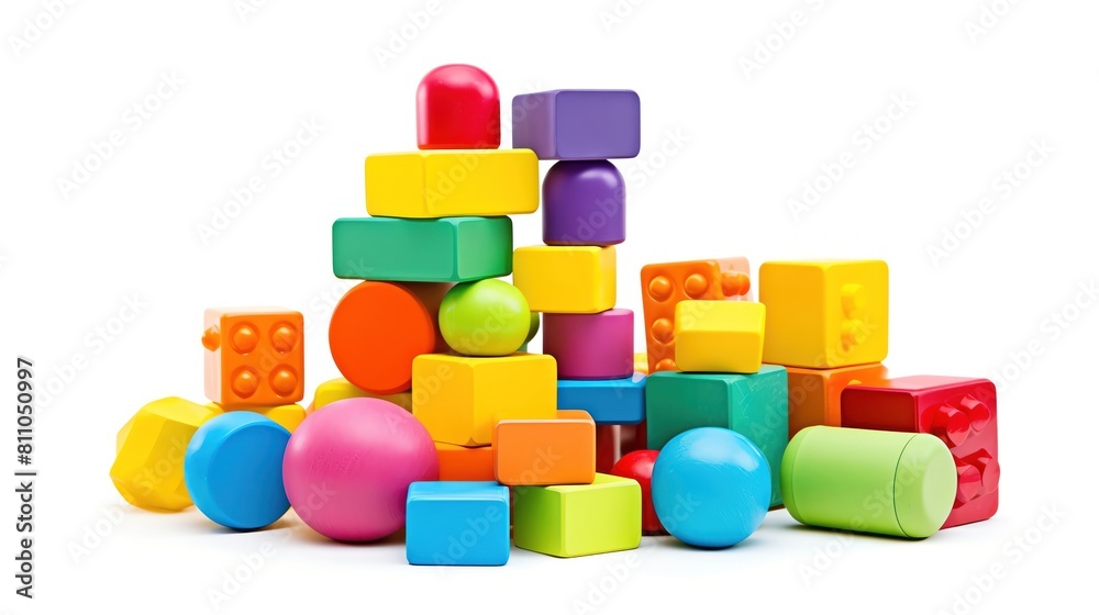 Illustrate a set of preschool resources, such as colorful play dough, storybooks, and building blocks, fun and educational, isolated on white with ample free space