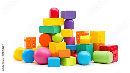 Illustrate a set of preschool resources, such as colorful play dough, storybooks, and building blocks, fun and educational, isolated on white with ample free space