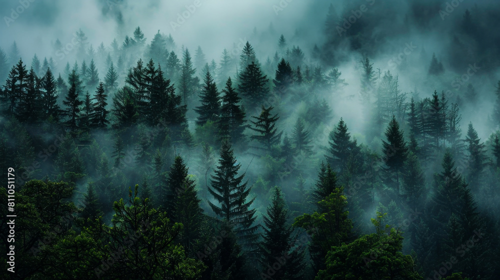 Dense Forest Covered in a Misty Veil
