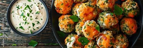 Fresh Broccoli cheddar quinoa bites with ranch dipping sauce, realistic food banner, top view with copy space