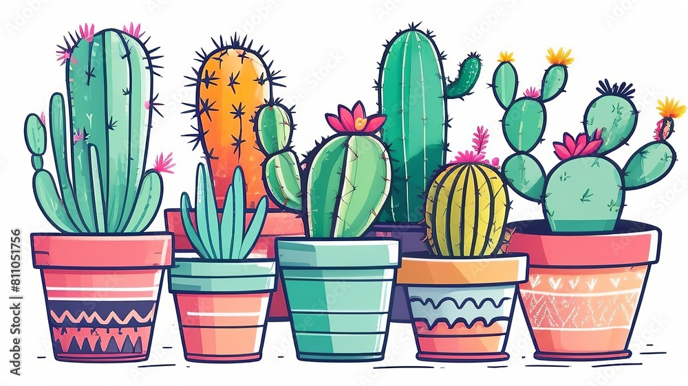 Illustration pattern of cacti in pots