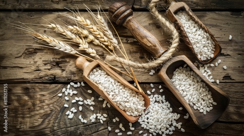 rice grains and a wooden spoon arranged on a weathered table, complemented by a sheaf of wheat in the background, evoking a timeless traditional food concept.