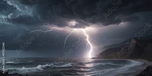 Lightning over the sea ocean. Storm lightning. A huge branched lightning strikes the sea with a reflection in the water.