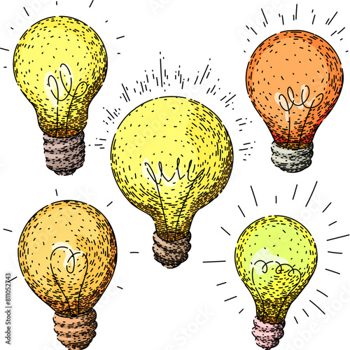bulb set hand drawn. lamp lightbulb, led electric, idea antique bulb vector sketch. isolated color illustration