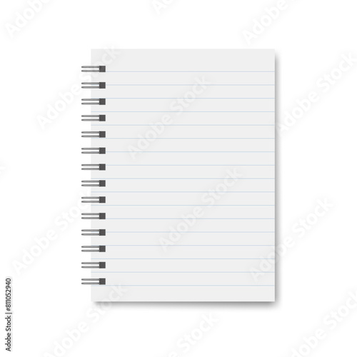 Realistic blank open notebook a6 with spiral, stationery notepad or diary template for office with lines.