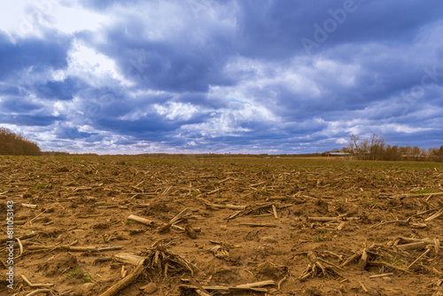 Plowed field and cloudy sky