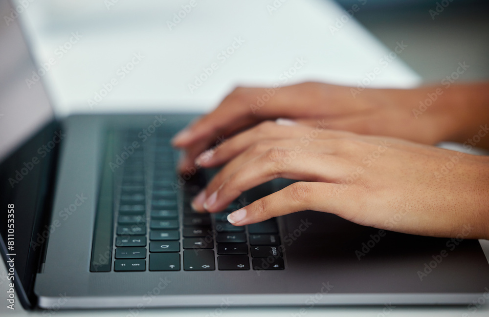 Laptop, hands and business woman typing on keyboard in office for finance research for stock exchange rates. Technology, corporate and financial advisor work on computer for budget plan in workplace. Laptop, hands and business woman typing on keyboard in office for finance research for stock exchange rates. Technology, corporate and financial advisor work on computer for budget plan in workplace.