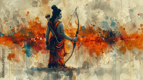 A watercolor illustration depicting Lord Ram as a silhouette with a bow and arrow for Ramnavami.