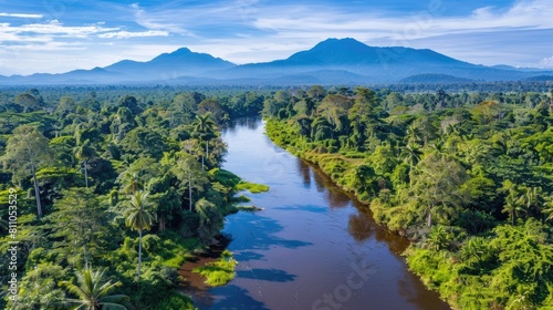 an aerial view showcasing a flowing river amidst lush tropical rainforest  flanked by verdant green mountains under a vast sky  presenting a serene landscape panorama.