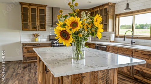 a bouquet of sunflowers in a vase on the table in a modern kitchen with white and wooden facades