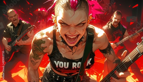 A punk rock girl with a mohawk and tattoos, screaming into the camera while standing in front of an angry crowd on stage.  photo