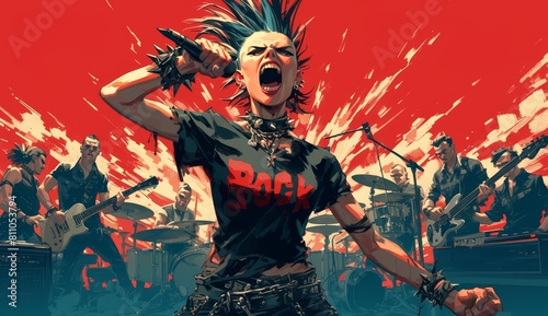 A punk rock poster of the band with an angry female singer in front. She has mohawk hair and is wearing a black tshirt with red letters saying 'Rock'.  © Photo And Art Panda