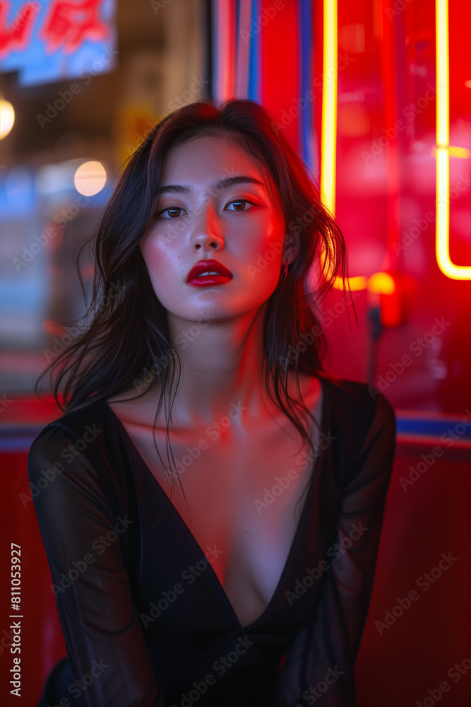 A beautiful Asian woman in black silk , posing for the camera with neon lights behind her in a night scene city street photography A beautiful Asian woman in black silk , posing for the camera with neon lights behind her in a night scene city street photography