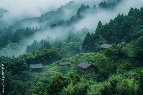 misty mountain village nestled among dense forest, evoking tranquility and seclusion in nature
 photo