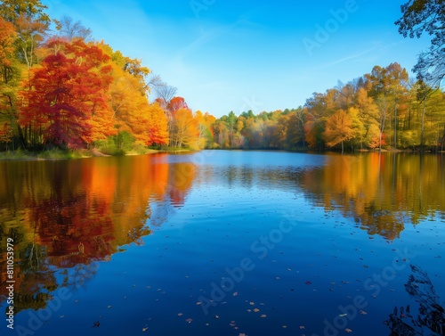 Quiet lake in autumn with orange leaves falling from the trees