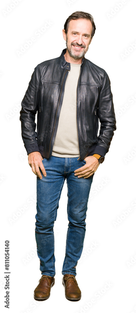 Obraz premium Middle age handsome man wearing black leather jacket Relaxed with serious expression on face. Simple and natural looking at the camera.