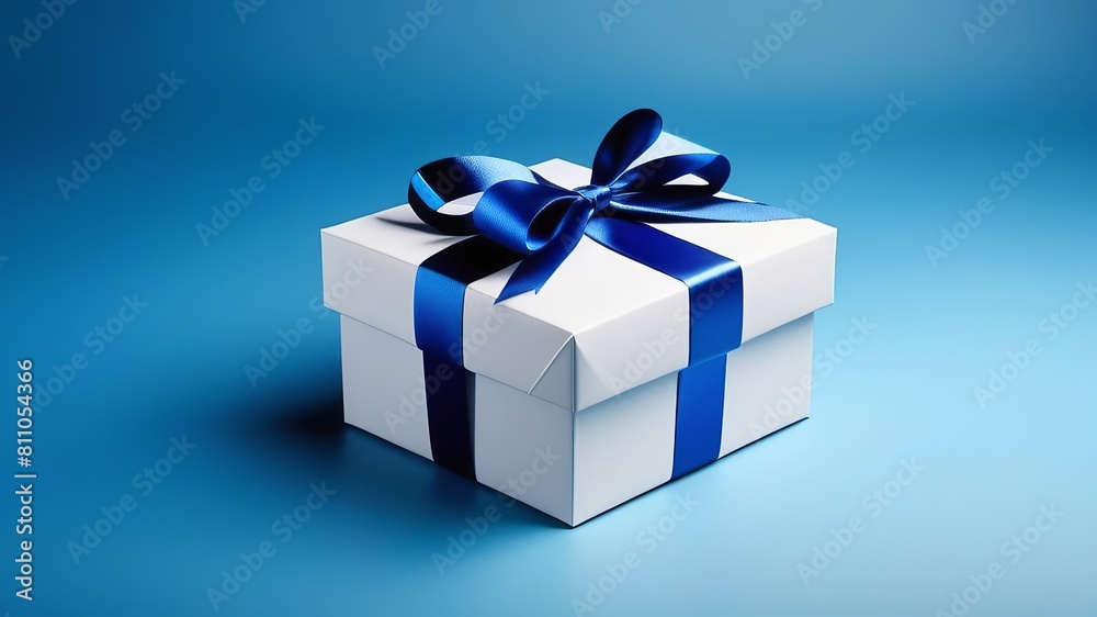 white gift box with blue satin ribbon on a blue background white gift box with blue satin ribbon on a blue background