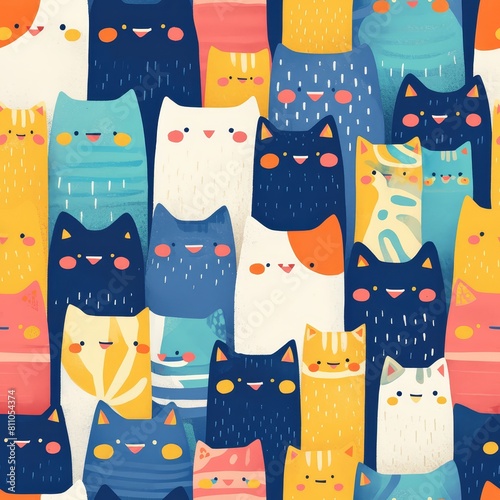 A seamless pattern of colorful cats, with each cat featuring different colors and patterns, arranged in an orderly fashion on the canvas. photo