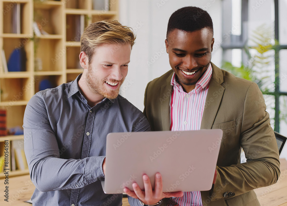 Two smiling businesspeople using a laptop together at work Two smiling businesspeople using a laptop together at work