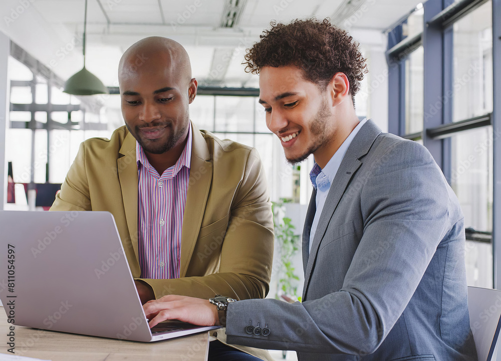 Two smiling businesspeople using a laptop together at work Two smiling businesspeople using a laptop together at work