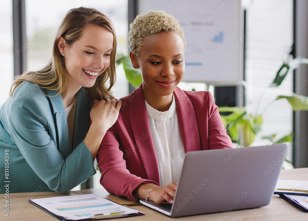Two smiling businesspeople using a laptop together at work Two smiling businesspeople using a laptop together at work