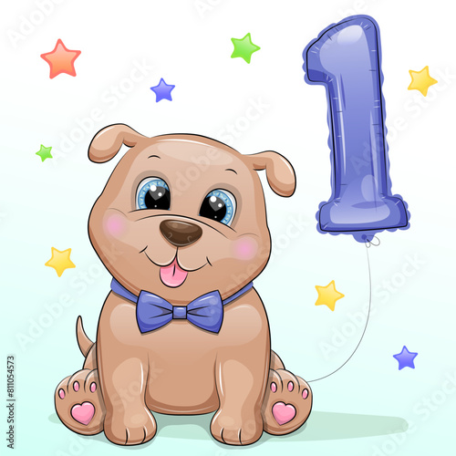 Cute cartoon dog with blue balloon. Vector illustration of first year celebration. 