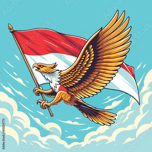 cartoon of a Garuda bird flying in the sky clutching the Indonesian flag