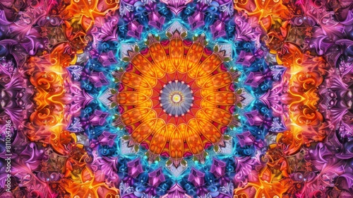 A symmetrical mandala design with intricate patterns and vibrant colors, suggesting a kaleidoscope effect.