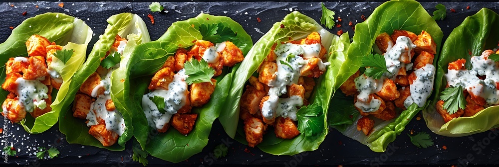 Buffalo chicken lettuce wraps with blue cheese dressing, fresh presentation, view from above, food banner with copy space for writing