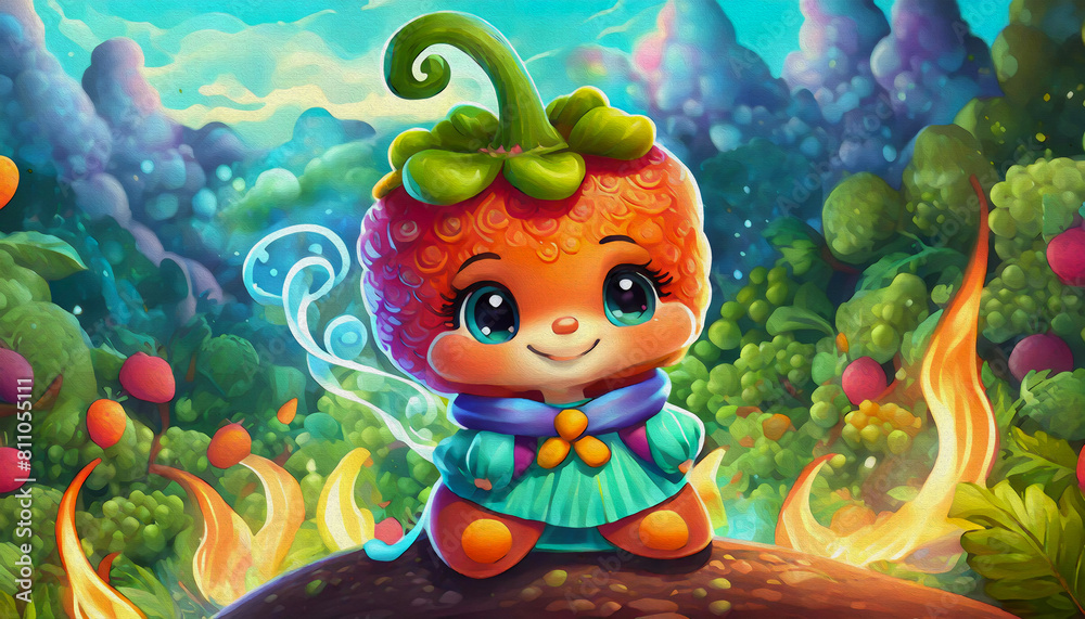 Naklejka premium oil painting style CARTOON CHARACTER CUTE happy Red pepper is sitting in front of fire with smoke billow