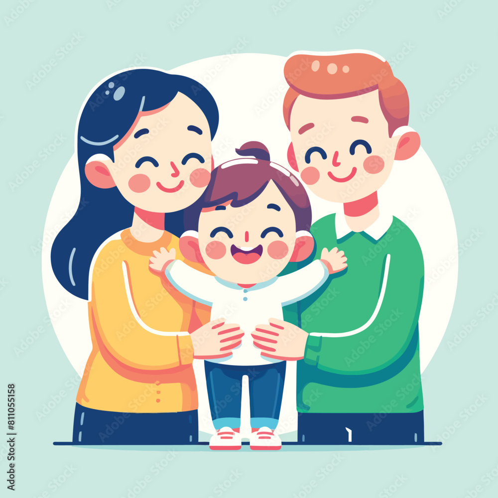 Cartoon of a happy child hugging his parents celebrating World Parent Day Cartoon of a happy child hugging his parents celebrating World Parent Day