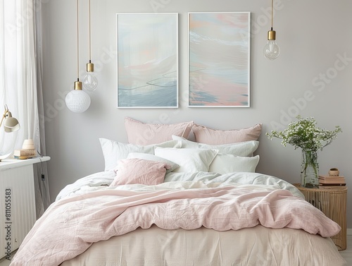 Cozy dreamy bedroom interior with blush pink linen bedding and botanical art prints