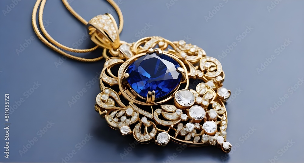 elegant gold pendant with blue jewel and white gems