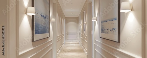 the long corridor with white walls and paintings on them.