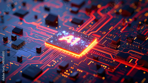 Abstract futuristic AI chip on a circuit board background, high tech and artificial intelligence concept