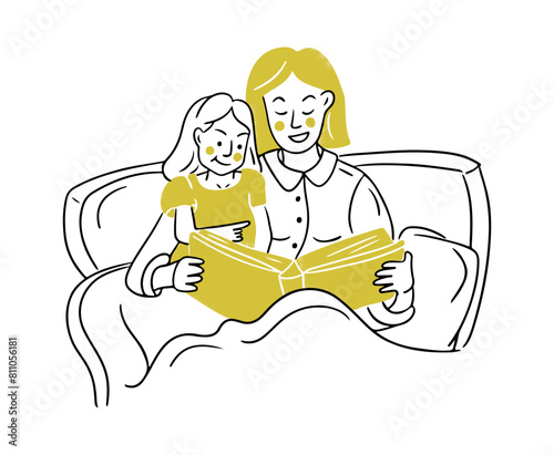 Sketchy illustration of reading mother to child in bed. Contour flat doodle drawing isolated on white background. Vector hand drawn brining up concept for logo or sticker