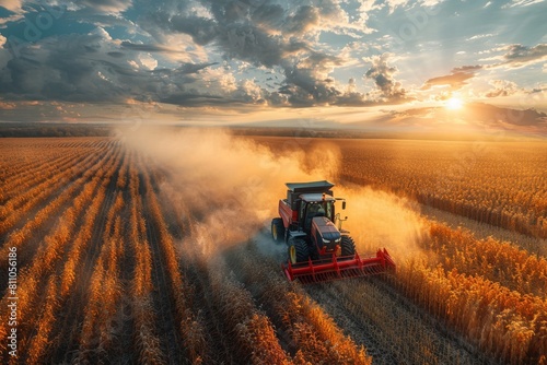 An agricultural tractor harvests ripe wheat at sunset, creating a dramatic dusty atmosphere in a vast farmland © Larisa AI
