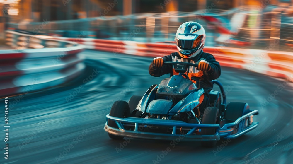 Amidst the thrill of the race track, go-karts speed around corners with adrenaline-fueled intensity, their engines roaring as drivers navigate the circuit with precision and skill.