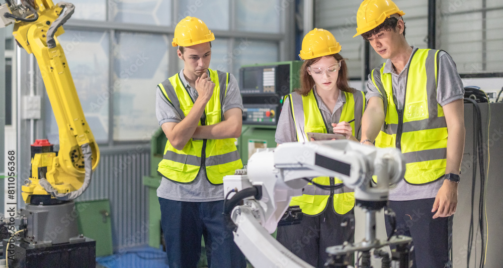 Trainees master robotics with hands-on workshops and quality control in manufacturing academy. Trainees master robotics with hands-on workshops and quality control in manufacturing academy.