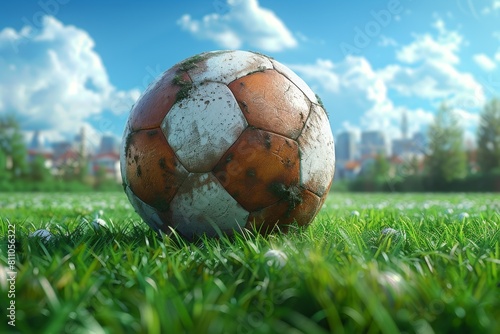 A weathered and worn soccer ball sits on green grass, symbolizing perseverance and the love of the sport