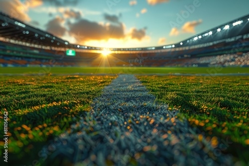 Sunlight filters through a stadium, illuminating the morning dew on a soccer field's white line
