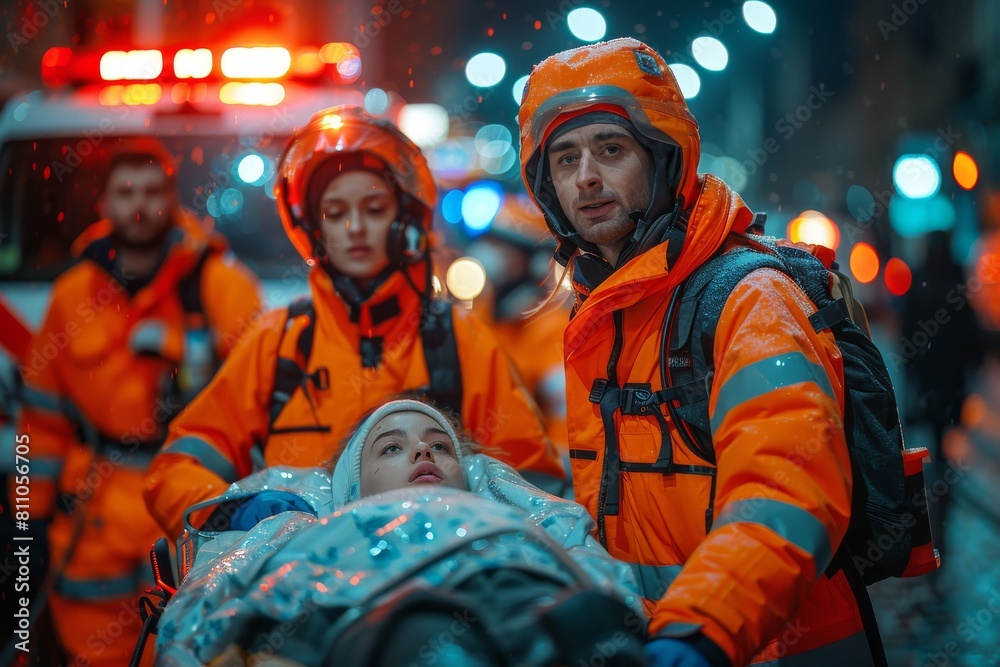 In a tense scene, emergency responders in orange suits attend to a stretcher-bound patient at night In a tense scene, emergency responders in orange suits attend to a stretcher-bound patient at night
