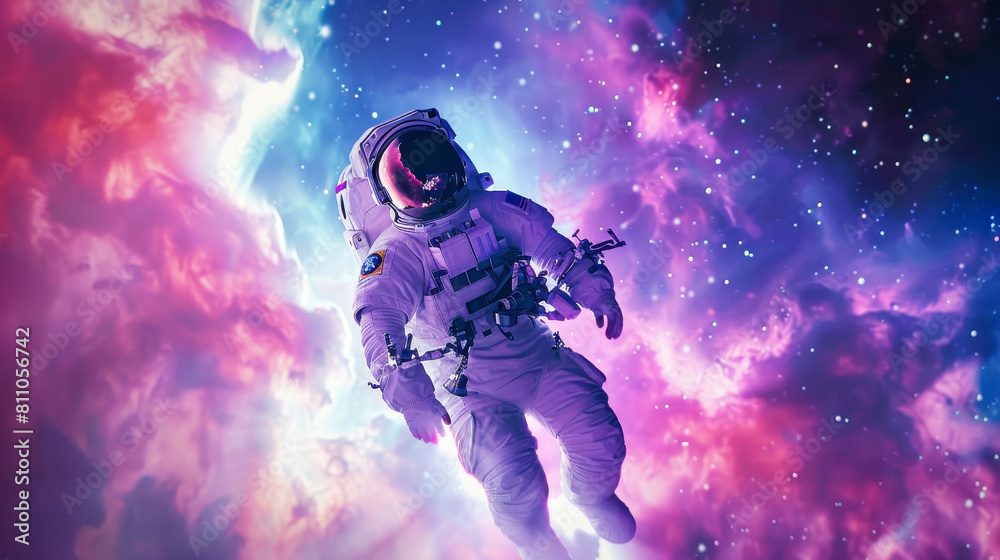An astronaut floating in space against a stunning cosmic background An astronaut floating in space against a stunning cosmic background
